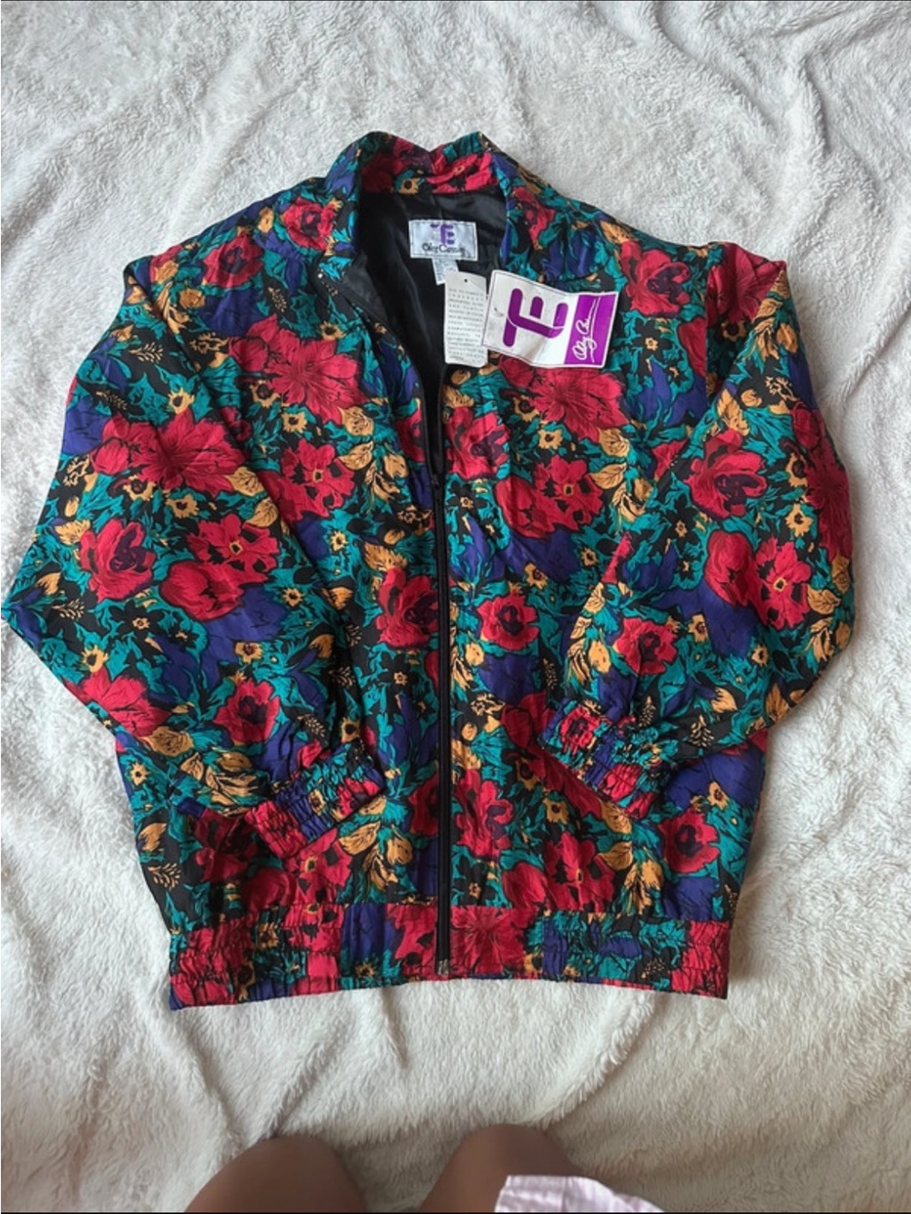 Oleg Cassini Floral Bomber Jacket - Red, Green, Purple, Gold
